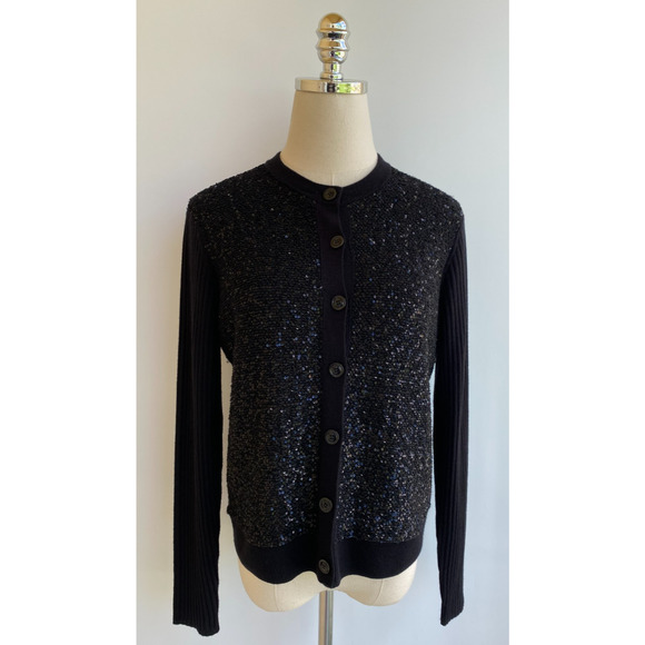 CURRENT St John Sequin-Front Wide Rib Knit Wool Silk Cardigan sz M $795 - Picture 4 of 13